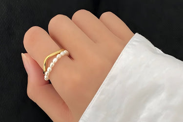 "GOLD PEARLS" 14ct Recycled Gold Plated Adjustable Stacking Ring With Freshwater Pearls - Couple Jewels