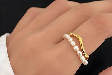 "GOLD PEARLS" 14ct Recycled Gold Plated Adjustable Stacking Ring With Freshwater Pearls - Couple Jewels